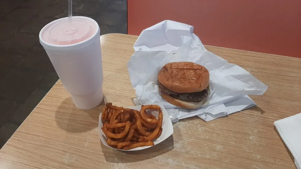 Large Hamburger with Curly Fries and Pink Lemonade